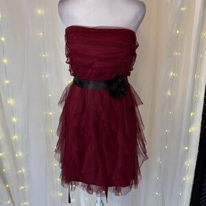 Deb Strapless Burgundy Tulle Dress with Black Waist Sash